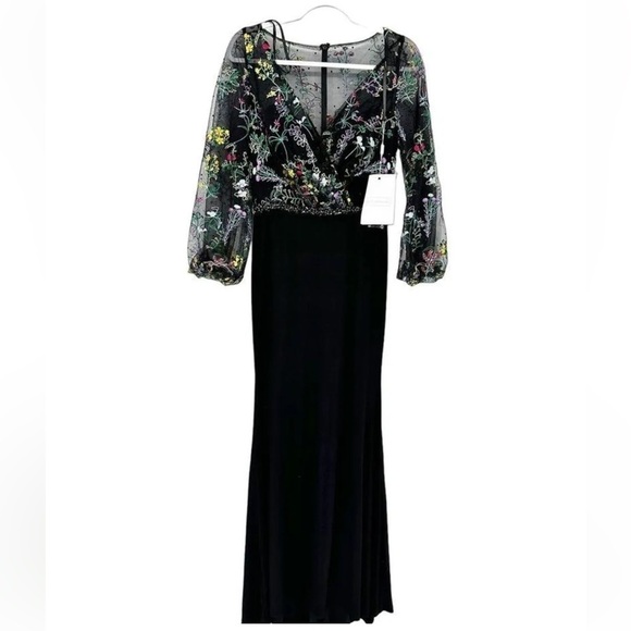 MAC DUGGAL Embroidered Illusion Puff Sleeve Column Gown - Picture 3 of 5